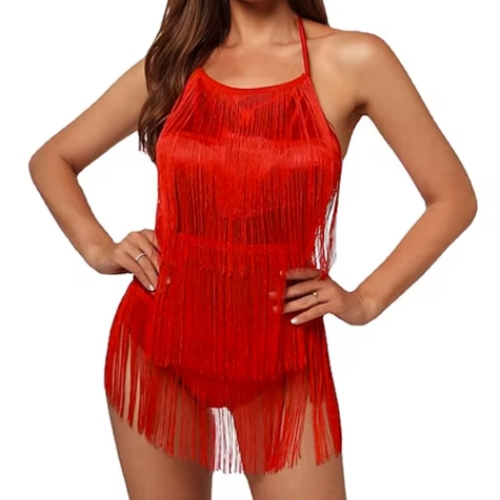 Red fringe romper flapper leotard
